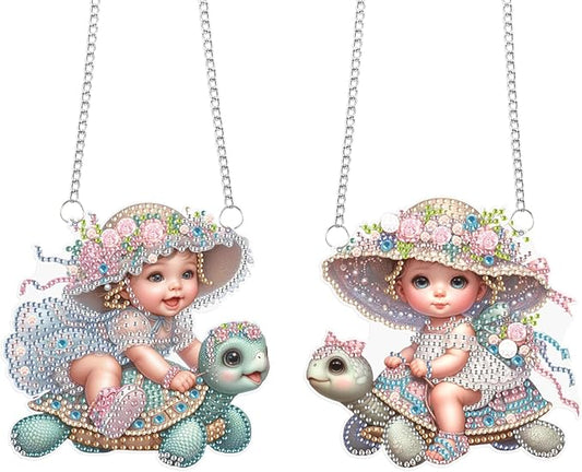 2 Pack Turtle Diamond Painting Hanging Decorations – 5D DIY Cute Animal Wall Ornaments, Sea Turtle Riders Design, 15x14.7 cm Each, Special Shaped Diamond Art Kit for Ocean-Themed Home Decor & Gift