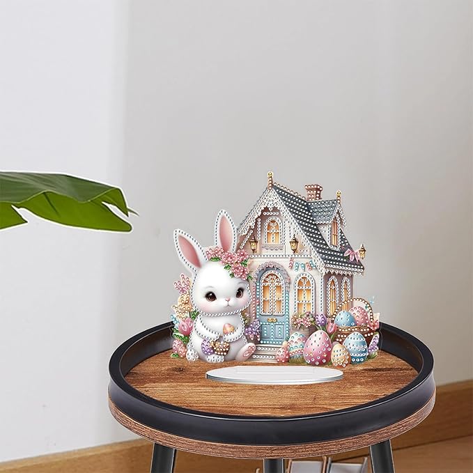 DIY Dot Diamond Art Painting Desktop Easter Creative Ornaments by Number Embroidery Arts and Crafts Easter for Home Office Garden Decoration (Single Side Dot Diamond)-Easter Bunny-1