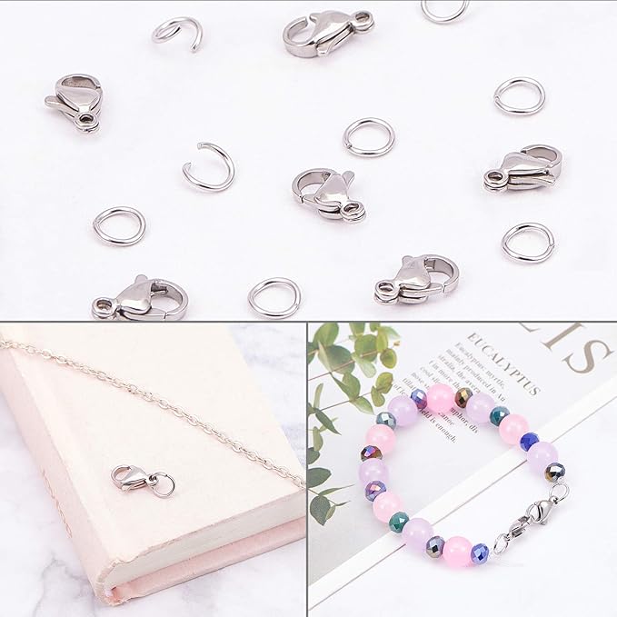PandaHall 100pcs 304 Stainless Steel Lobster Claw Clasps with 300 pcs 6mm Open Jump Rings Necklace Clasps and Closures for Earring Bracelet Pendants Jewelry DIY Craft Making, Stainless Steel Color