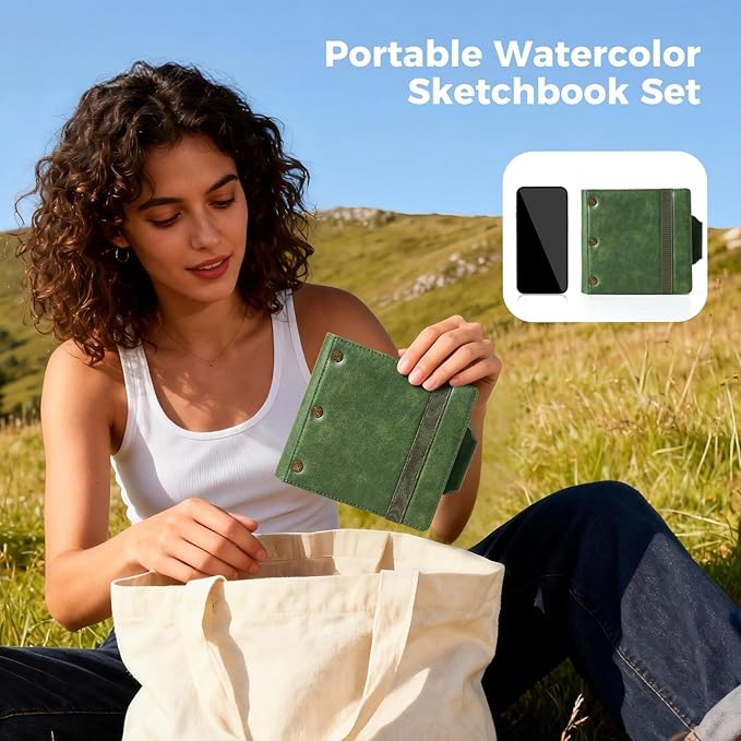 Portable Watercolor Sketchbook Set - 100% Cotton Hot Press 5.1x4.3 Inch 20Sheets Binder Art Journal with 18-Well Ceramic Paint Palette & Travel Watercolor Brushes for Artists Outdoor Painting