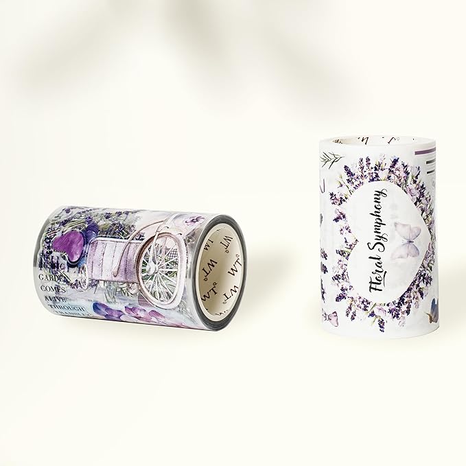 WT Pre-Cut Purple Muse Wide PET Tape, Single Roll, Soft Purple Florals & Handwritten Script, Transparent Decorative Tape for Journaling, Scrapbooking, Bujo, Planner, DIY Crafts, 70mm×5m