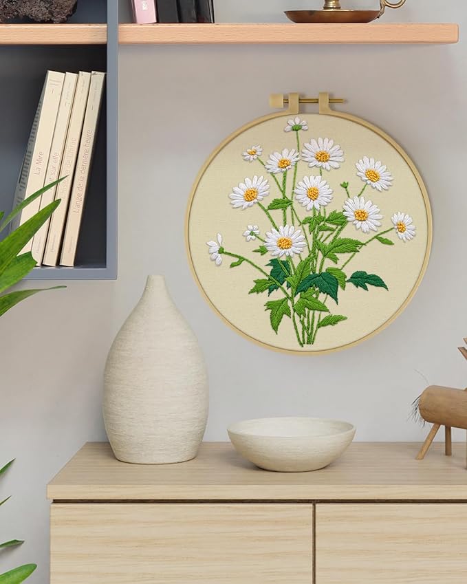 ERKOON Embroidery Kit for Beginners, Flower Cross Stitch Set Include Embroidery Cloth Hoops Threads for Craft Lover Hand Stitch with Embroidery Skill Techniques (Daisy)