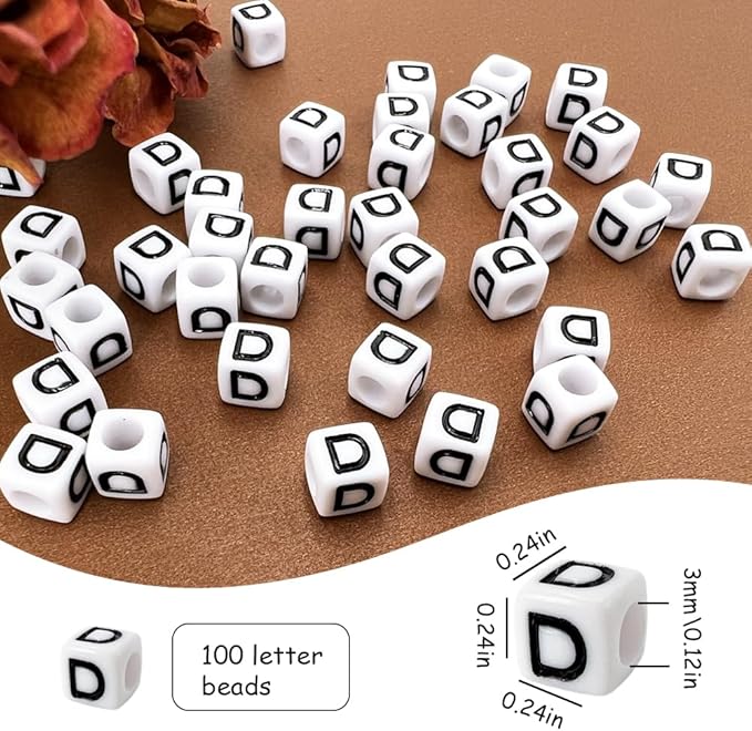 MIIIM 100pcs Pony Beads Letter D for Keychains Making, 6x6mm Large Hole Square Letter Beads for Bracelets Making, Alphabets, Numbers (White and Black)