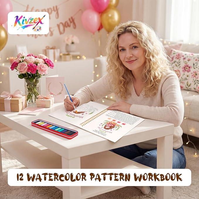 Mother's Day Watercolor Workbook for Adults, Beginner Friendly Watercolor Painting Kit Water Coloring Book, Nature-Themed Practice Art Gift Water Color Paint Book with Palette and Brush