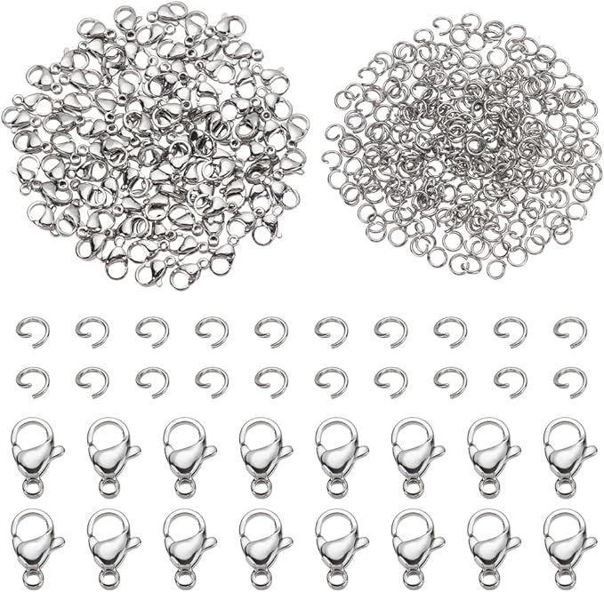 PandaHall 300 pcs 5mm 20 Gauge 304 Stainless Steel Jump Rings with 100pcs Lobster Claw Clasps for Earring Bracelet Necklace Pendants Jewelry DIY Craft Making, Stainless Steel Color
