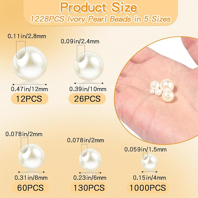 1228pcs Pearl Beads for Jewelry Making Pearl Beads for Bracelets Pearl Beads for Crafts Pearl Beads for Bracelet Making Kit Pearl Beads with Holes for Jewelry Making, Imitation Pearls for Fillers