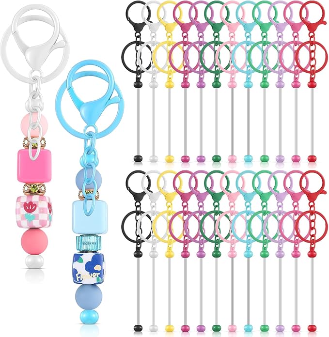 Tondiamo 24 Pcs Beadable Keychain Bars Bulk Beads for Keychain Making Kit Gifts for Women Men DIY Crafts(Candy Color)