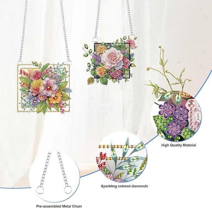 LazyFold 2 Pcs DIY Acrylic Diamond Art Painting Flowers Kits Special Shaped Rhinestone 5D Diamond Art Window Pendants Home Garden Wall Hanging Kits Hanging Ornament