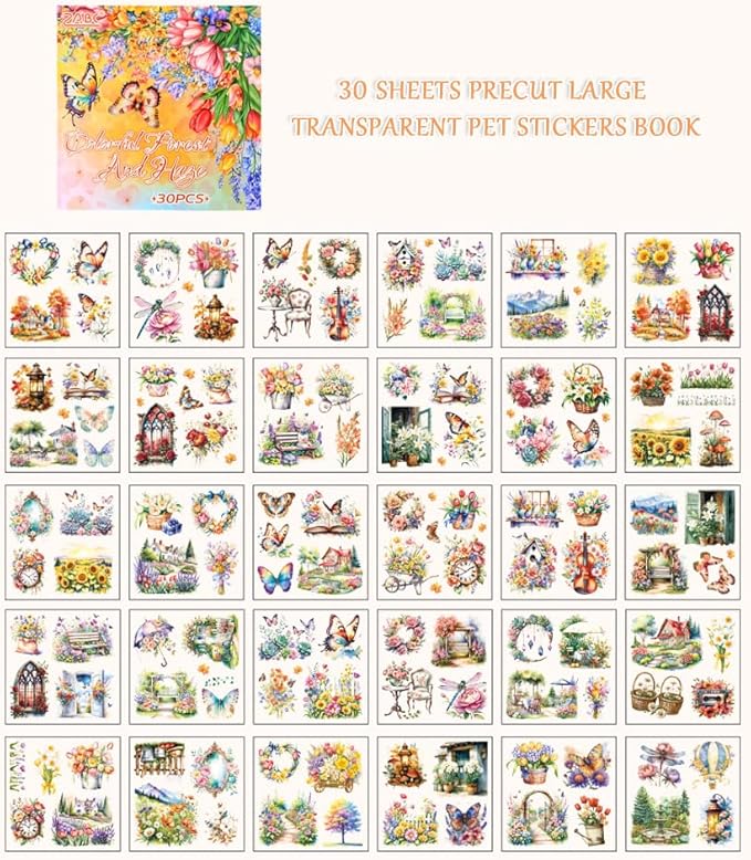 30 Sheets Precut Colorful Garden Landscape Stickers Book for Junk Journal Supplies, Transparent PET Stickers for Journaling, Scrapbooking, Bujo, Collage, Card Making