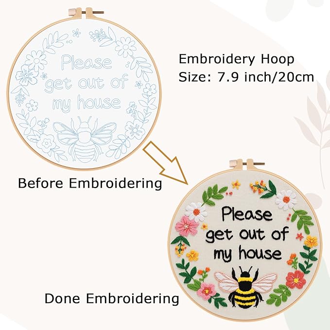 Nuberlic Funny Bee Embroidery Kits for Beginners, Please Get Out of My House Embroidery Kit for Adults- Easy Cross Stitch Starter Kit with Printed Fabric, Hoop, Needles Instruction and Threads