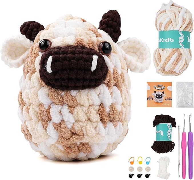 Vanttokeey Crochet Kit for Beginners, Animal Amigurumi Crochet Kits Included, Step-by-Step Video Tutorials, Beginner Crochet Kit for Adults and Kids, Crocheting Starter Set (Cow)