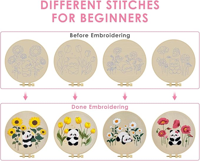 TINDTOP 4 Sets Embroidery Kit for Adult, Panda Embroidery Practice Kits for Beginners Include Embroidery Cloth Hoops Threads for Craft Lover Hand Stitch with Embroidery Skill Techniques