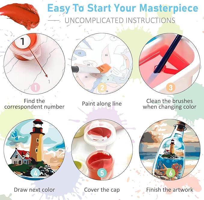 Paint by Numbers Kit for Adults - Beach Bottle Acrylic Adult Paint by Number Kits on Canvas for Beginner, Seaside Lighthouse DIY Oil Painting by Numbers for Adults, Perfect for Home Decor Gift 16"x20"