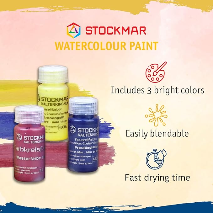 Stockmar Watercolor Paint Set - Includes Carmine Red, Lemon Yellow, Ultramarine Blue- Washable Paint for Kids, Students, & Artists (3 Bottles, 20 mL)