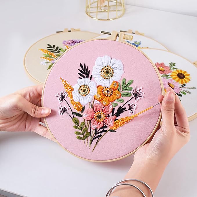 Picoey Flower Embroidery Kit for Beginners with Flower Pattern and Instructions,4 Pack Cross Stitch Kits,2 Wooden Embroidery Hoops,Threads and Needles,Needlepoint Kit for Adults
