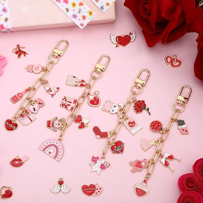 AUGSUN 189Pcs Valentines Keychain Making Kit, Valentines Day Charm Jewelry Chain Making Crafts, 60 Charms 12 Keychain Clips Hooks 15 Extender Chains 100 Jump Ring and Jewelry Plier