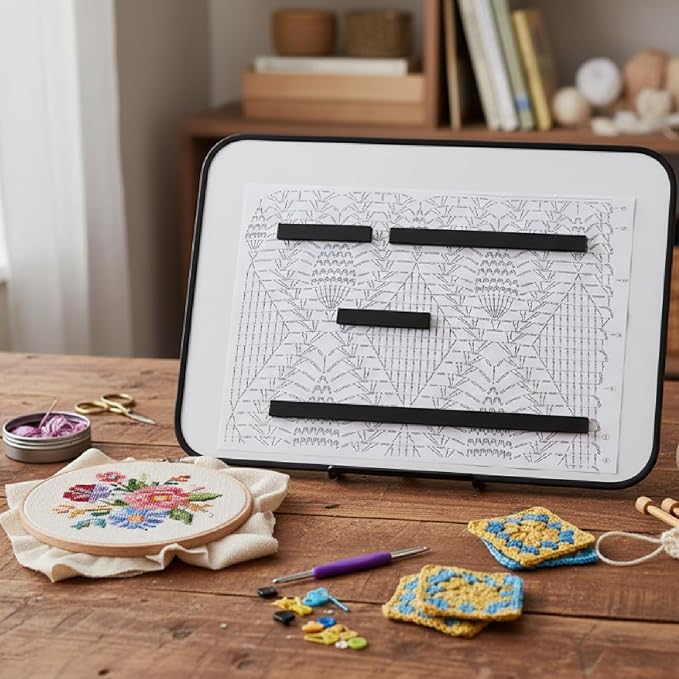 flutesan 8 x 12 inches knitting pattern holder with 4 replacement magnets knitting chart keeper magnetic board cross stitch supplies for crochet(black border)