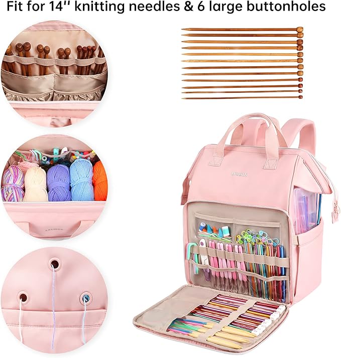 Leudes Knitting Bag Backpack,Yarn Storage Organizer Large Crochet Bag Tote Christmas Gift Yarn Holder Case for Carrying Projects,Knitting Needles (Pink)