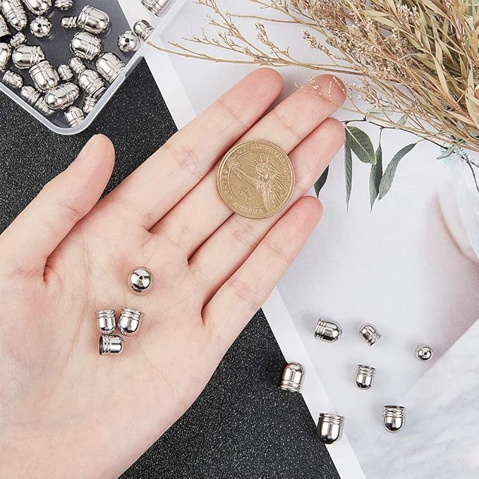 UNICRAFTALE Stainless Steel Cord Ends - 100pcs Leather End Caps 4/5/6/7/8mm Inner Diameter Terminators for Jewelry Making Kit, Stainless Steel Color