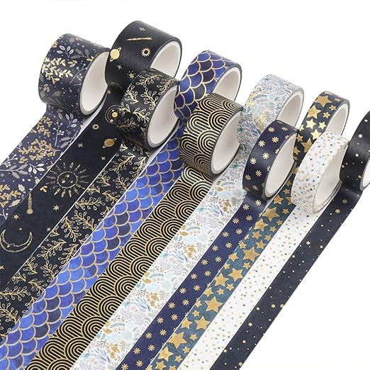 CCINEE Black Gold Foil Washi Tape,Floral Decorative Masking Tapes for Bullet Journal Scrapbook Planner Art Craft,10 Rolls