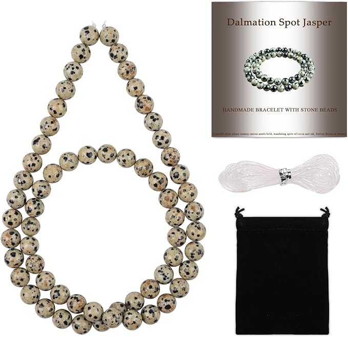 Stone Beads, 60pcs Dalmation Spot Jasper, 6mm Round Loose Beads for Jewelry Making, Bracelets, with Bag, String & Card