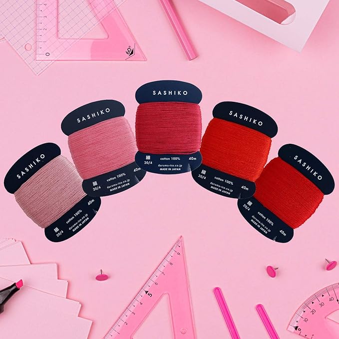 DARUMA Sashiko Thread 100% Cotton Card Type (43.7 yd) x 5 Colors with English Manual, Sewing & Embroidery Value Set with Gift Package(Thin, Hanafubuki)
