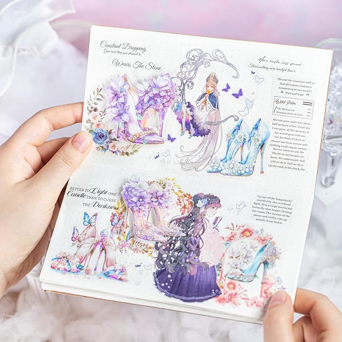TIAMECH Dream Glass Slipper PET Stickers - 60 Pcs Shell Sea Thyme Yarn Design, Waterproof Sticker for Journaling & Scrapbooking, Junk Journal Supplies, Ephemera & DIY Crafts
