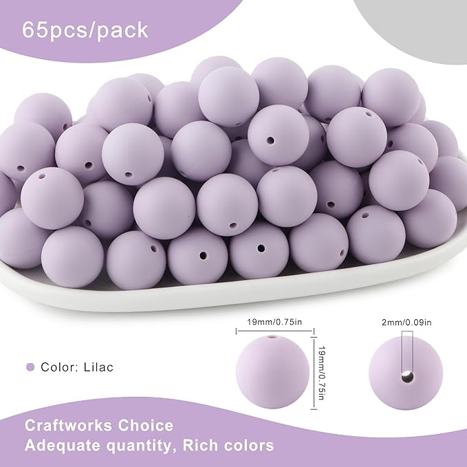 65Pcs 19mm Silicone Beads for Keychain Making Bracelet Necklace, Bulk Round Silicone Beads for Pens（Lilac）