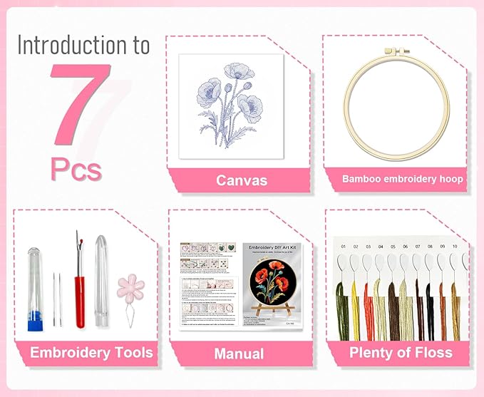 Huacan Embroidery Kit for Beginners, Flower Pre-Stamped Pattern Kits for Adults with Hoop, Easy to Follow Color Thread Needlework