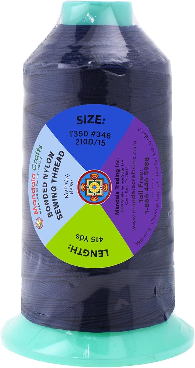 Mandala Crafts Size 346 210D T350 Bonded Nylon Thread - Navy Blue 415 YDs Tex 350 Heavy Duty Sewing Threads for Leather, Jeans, Weaving, Outdoor Marine Upholstery