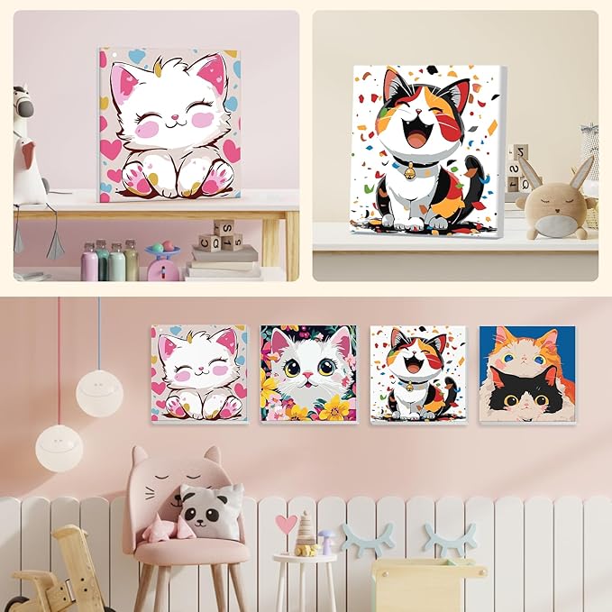 NEWENMO 4 Pack Paint by Numbers Kit for Kids Beginner with Wooden Frame, Cute Kawaii Sweet Cartoon Cat, Paint by Numbers Kit for Adults, Adorable Kitten, DIY Painting Kits for Home Wall Decor 8x8inch