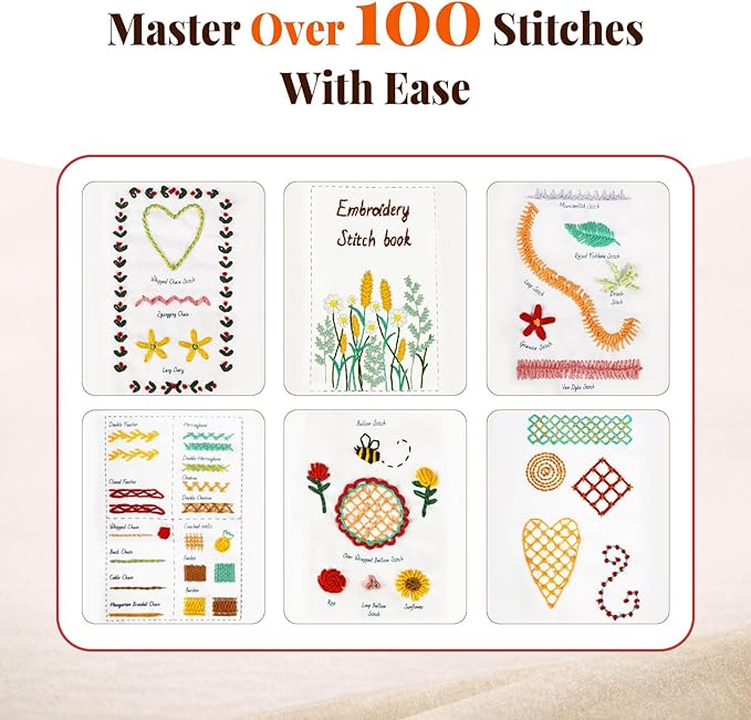 CYANFOUR 2026 New Embroidery Stitch Book Kit for Adults Beginners, Cross Stitch Kit with Step-by-Step Guide and Video, Pre-Printed Patterns, Threads and Needles, Portable Crafts Gift for Adults
