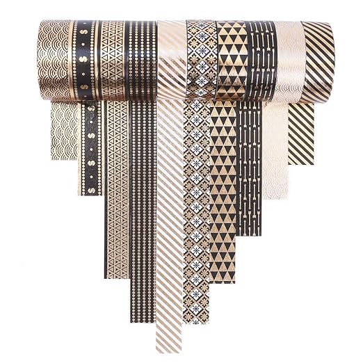 YUBBAEX 10 Rolls Washi Tape Set Black Gold Foil Print Decorative Tapes for Arts, DIY Crafts, Bullet Journals, Planners, Scrapbook, Wrapping (15mm) (Black Gold x 10 Rolls)