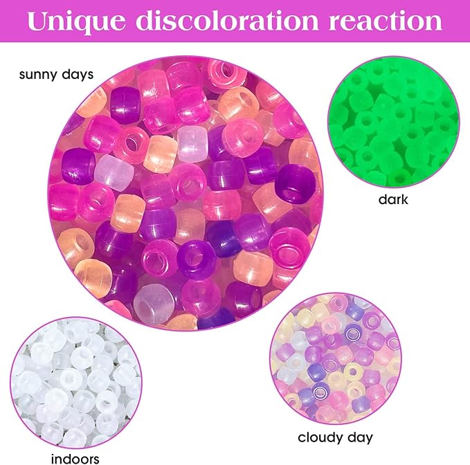 korlon 1500 pcs uv beads, glow in the dark beads for bracelets, crafts, 8mm friendship bracelet kit hair kandi color changing pony bead with crystal elastic string & 2 elastic cords