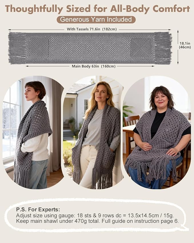 Arborthread Crochet Kit for Beginners, Easy Pocket Shawl & Scarf Crochet Kit for Adults w/Ample Premium Yarn to Fit Different Sizes, Step-by-Step Video & Instructions, Grey