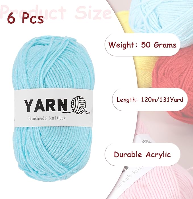 6Pcs Sky Blue Acrylic Yarn 790 Yard 4 Ply Soft Crochet Yarns Sport Weight Yarn,[for DIY Crocheting Knitting Craft Blankets Hats]-300g
