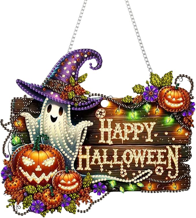 AIBOERL Diamond Art Hanging Kit for Adult,Special Shaped Rhinestone,Double Sided 5D DIY Acrylic Diamond Art Painting Window Pendants Home Garden Wall Hanging Kits Hanging Ornament (Halloween)