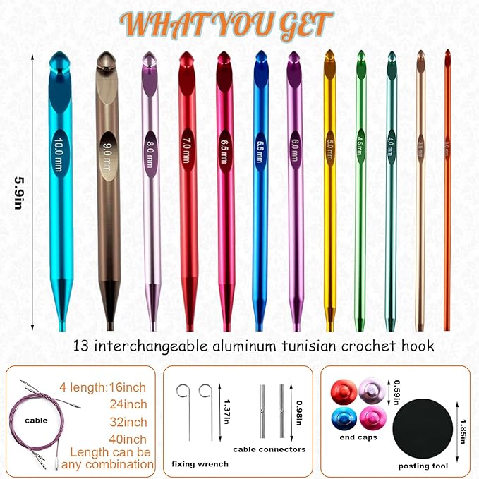 12 Size Tunisian Crochet Hook Set with Cable Aluminum Interchangeable Crochet Hooks Long Crochet Hook Inline Crochet Hooks 3mm-10mm,Comfortable to use/Lightweight