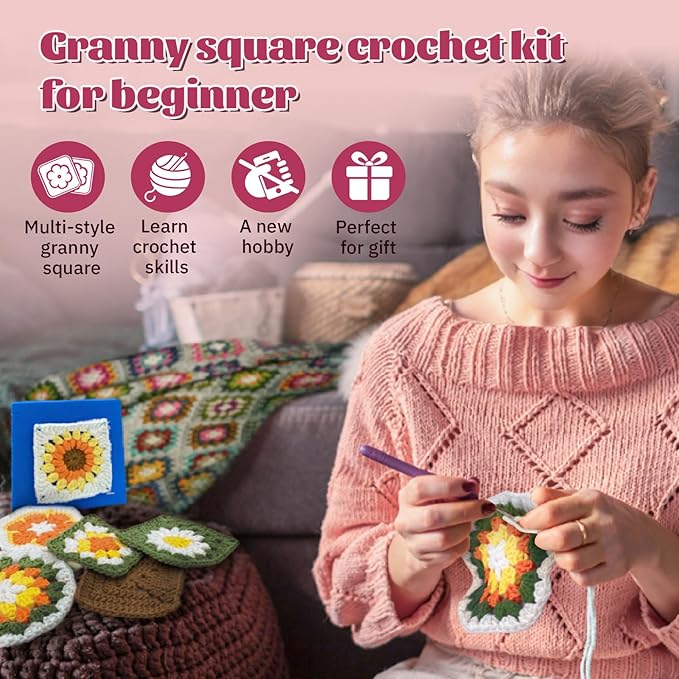 SGIBYN Crochet Kit for Beginners with Step-by-Step Video Tutorials, Granny Squares Beginners Starter Crochet Kit for Women Knitting Kits Learn to Crochet Set (Granny Squares)