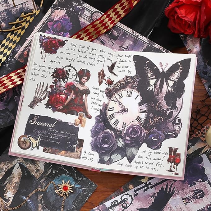 Halloween Stickers for Adults, 50 Sheets Precut Dark Aesthetic Gothic Scrapbook Washi Sticker Book for Junk Journal Supplies, Journaling, Scrap Book Suply