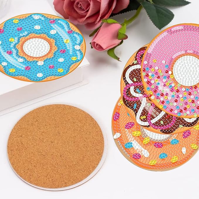igoodom 8 Pcs Diamond Art Coasters Kit with Holder, DIY Donuts Diamond Painting Coasters for Beginners Adults, Non Slip Diamond Art Kits Craft Supplies 4x4inch