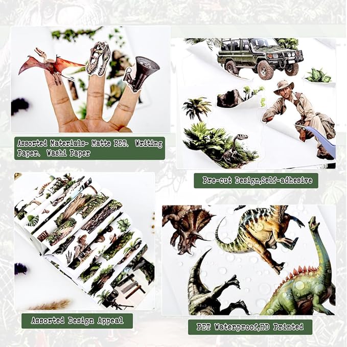 A5 Diecut Journal Sticker Book for Adults Journaling, 20 Sheets Dinosaur Theme with Assorted Materials- PET, Washi, Paper, Scrapbook Stickers for Scrapbooking, Junk Journals Supplies, Collage