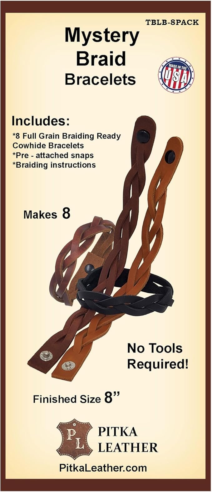PITKA LEATHER Mixed Colors Mystery Braid Leather Bracelets Kit - 8 Leather Bracelets Braiding Ready 2 of Each Color - Made in USA