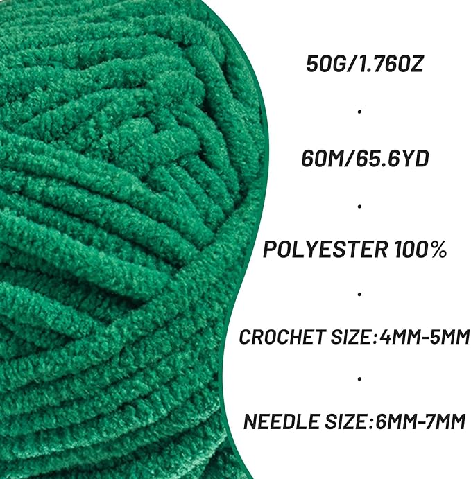 2 Packs Plush Chenille Chunky Crochet Yarn - Baby Yarn for Crocheting Soft - Velvet Yarns Knitting for Blankets Crafts - Fluffy Amigurumi Yarns 100g/131yds (2 Greener)