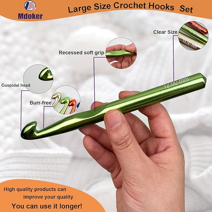 Mdoker 21pcs Huge Crochet Hook Set,Large Size 15mm 12mm 10mm 9mm 8mm 7mm Aluminum Crochet Hooks with Case,Crocheting Hook Needles for Chunky Yarn,Size L M N P O Q (Aluminum)