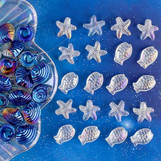 Ocean Theme Aesthetic Beads - Blue Snail Shell, White Starfish, Glass & Crystal for Bracelets & Jewelry Making