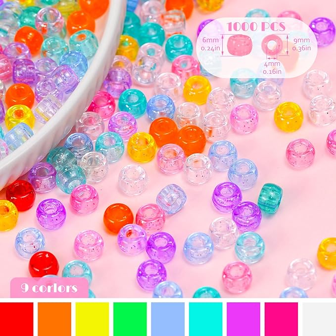 Glitter Pony Beads Bulk 1000+ Pieces, 9 Colors 6x9mm Sparkly Clear Acrylic Beads Large Plastic Kandi Bead for Bracelets Big Hole Hair Braids Jewelry Making Crafts DIY Projects