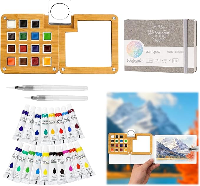 Mini Watercolor Paint Set - Mini Travel Watercolor Palette Set, Pocket Water Color Paint Palette Kit with 18 Colours, Sketchbook, Pens, Wooden Paints Box for Painters Artists