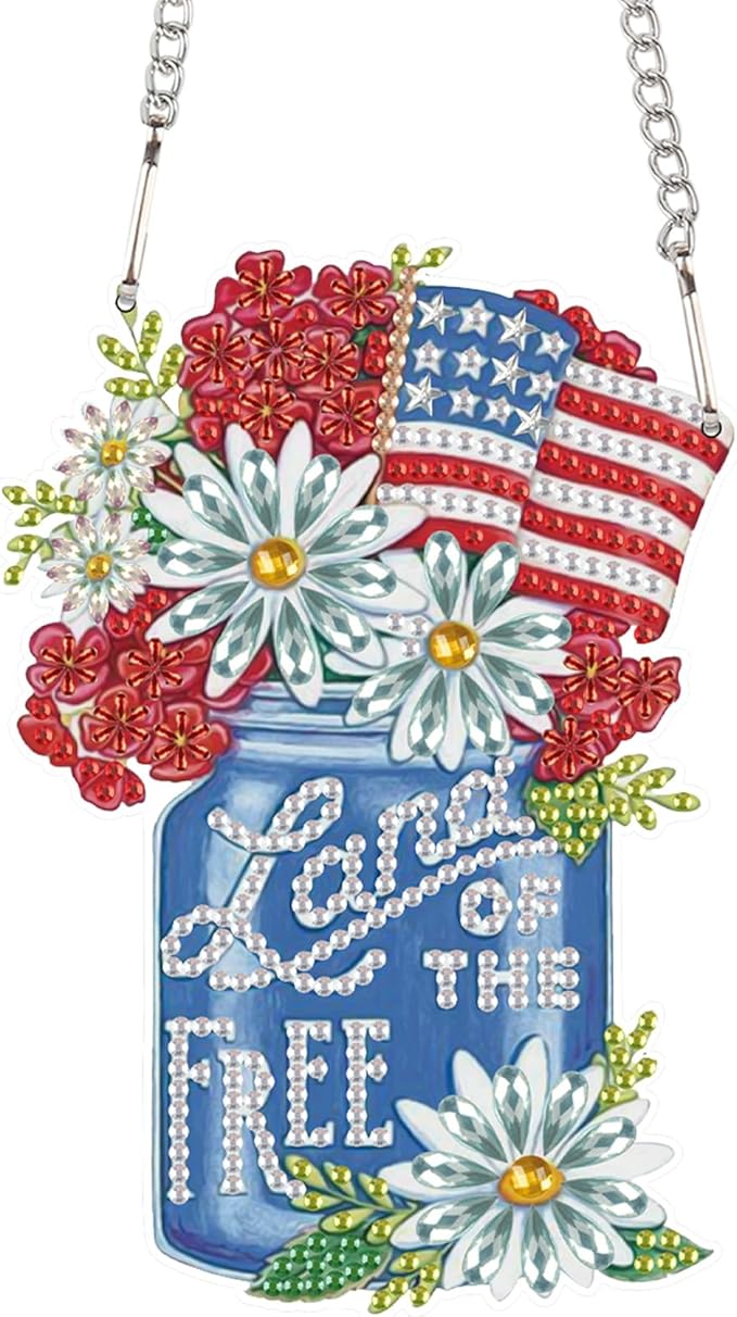 AiYuanzsh Diamond Art Painting Hanging Kit Independence Day Vase, 5D Acrylic Crystal Rhinestones Diamond Art Pendant with Flower and Flag Diamond Art Ornament for Door Wall Window Home Decor