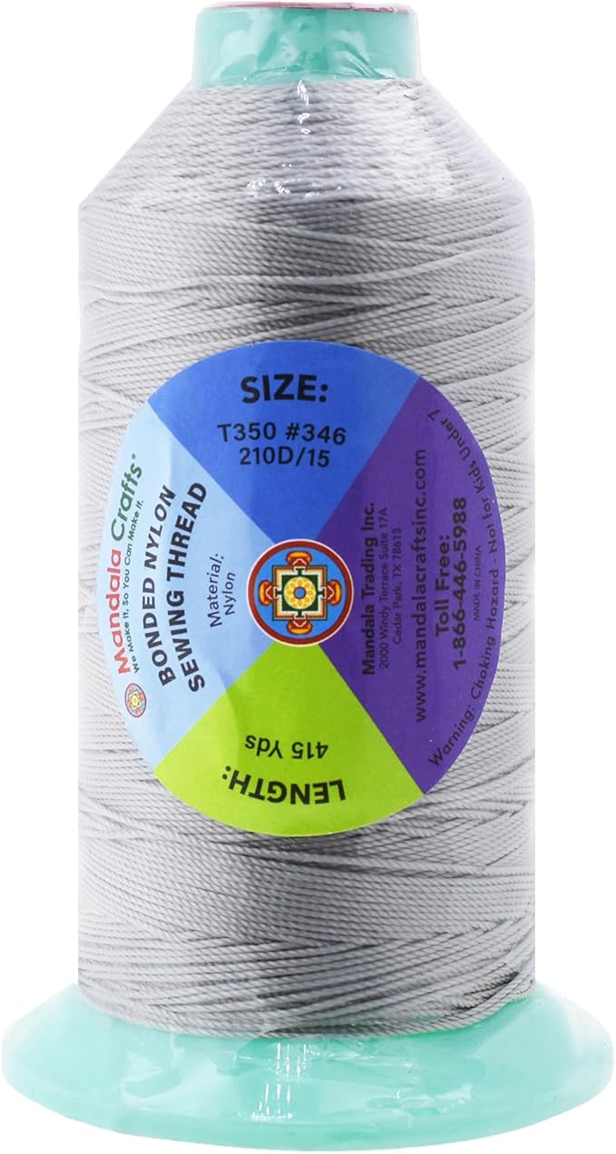 Mandala Crafts Size 346 210D T350 Bonded Nylon Thread - Silver 415 YDs Tex 350 Heavy Duty Sewing Threads for Leather, Jeans, Weaving, Outdoor Marine Upholstery